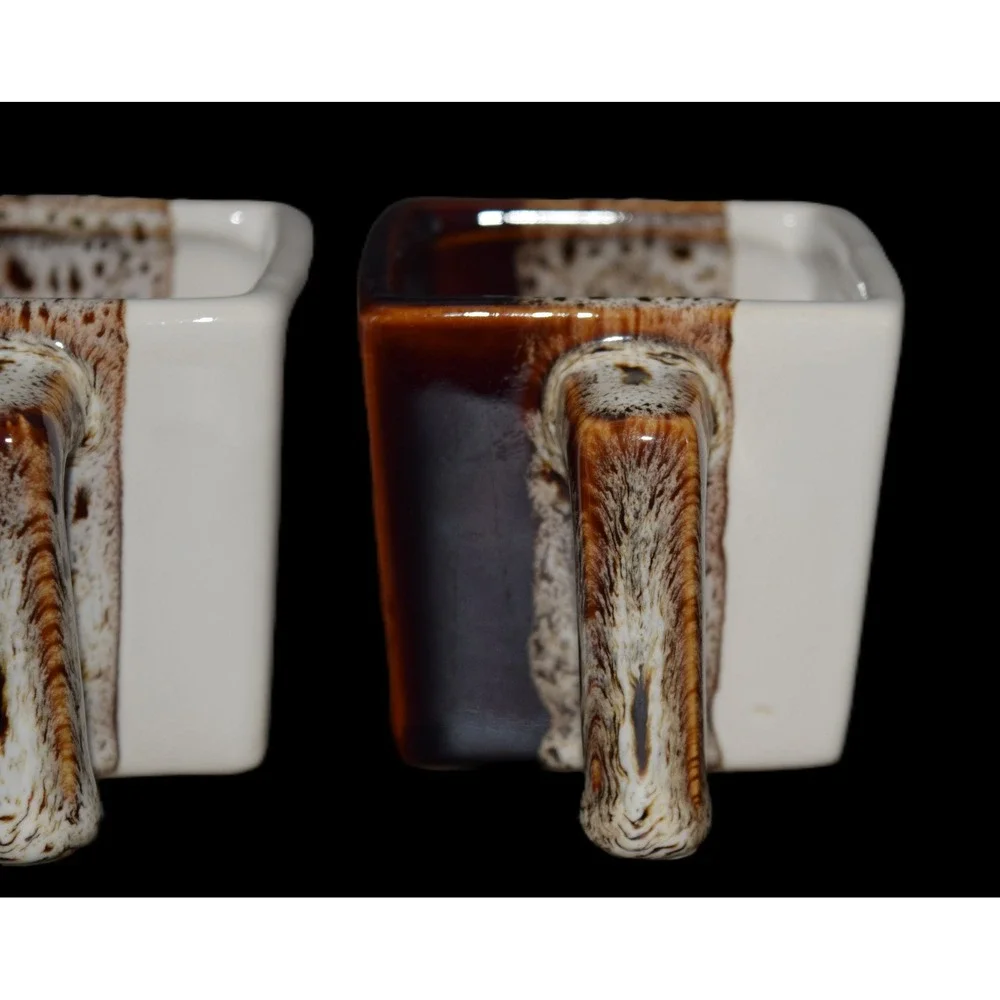 Vintage Pier 1 Tri Color Square Espresso Mugs Set of 2 Brown White Stoneware